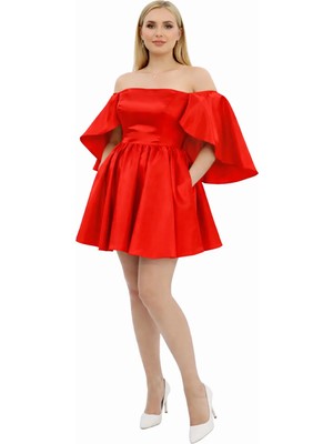 Kadın Omzu Açık Saten Midi Elbise