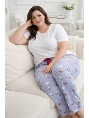 Remsa Büyük Beden Kadın Kalp Desen Viskon Kumaş Penye Battal Tek Pijama Alt 10 Lila