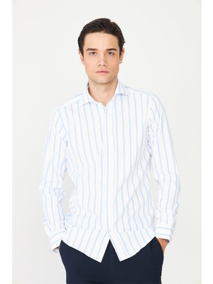 White Stone Mavi Çizgili Uzun Kollu Gömlek Slim Fit