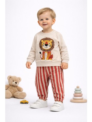 Dinamik çocuk Erkek Bebek Aslan Baskılı Alt Üst Takım 2 Iplik Mevsimlik 2'li Takım 3-6-9-12 Ay