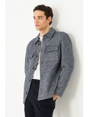 White Stone Lacivert Yün Görünümlü Balıksırtı Gömlek Ceket