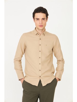 White Stone Krem Düğmeli Yaka Uzun Kollu Gömlek Slim Fit