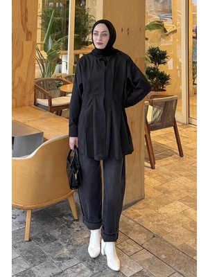 Lamelif Ön Pile Detaylı Gömlek Siyah