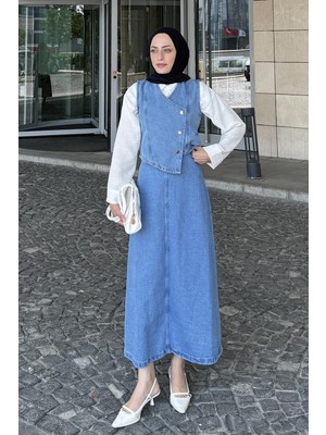 Lamelif Kruvaz Kapama Kot Etekli Takım Mavi