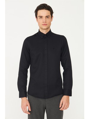White Stone Siyah Düğmeli Yaka Uzun Kollu Gömlek Slim Fit