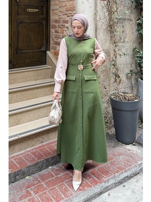 Lamelif Düğme Detaylı Elbise Kına Yeşili