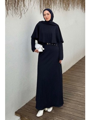 Lamelif Balıksırtı Kemerli Elbise Lacivert