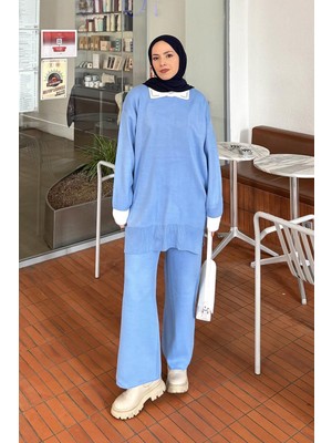 Lamelif Yakası Taşlı Triko Takım Bebe Mavisi