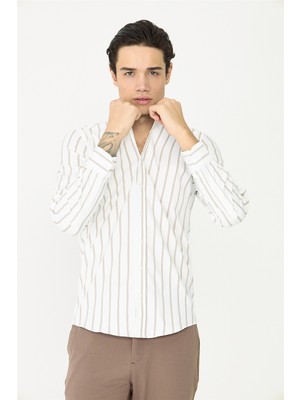 White Stone Bej Çizgili Uzun Kollu Gömlek Slim Fit