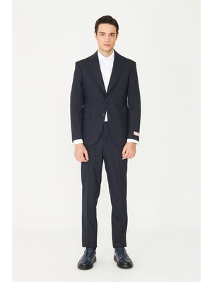 White Stone Lacivert Klasik Kesim Hafif Dokulu Takım Elbise