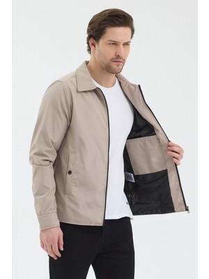 Level High Erkek Bej Polo Yaka Basic Fermuarlı Mevsimlik Ceket