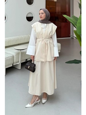 Lamelif Yelek-Etek Ikili Tesettür Takım Krem