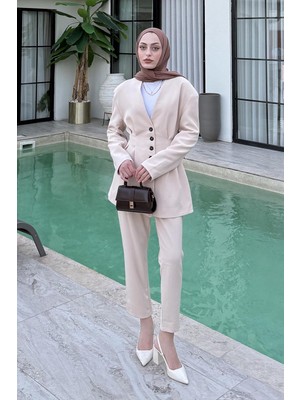 Lamelif Pensli Ceket-Pantolon Ikili Takım Taş