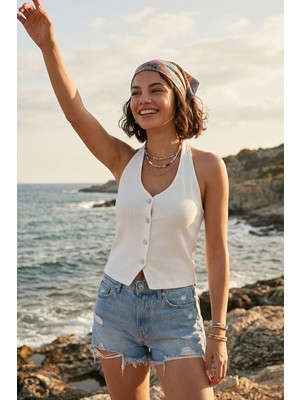 Lela Fitilli Fitted Fit Halter Yaka Sırt Dekolteli Yelek Bayan Yelek 5866515