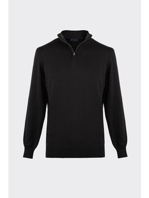 White Stone Dik Yaka Yarım Fermuarlı Premium Triko Kazak Siyah