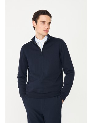 White Stone Dik Yaka Yarım Fermuarlı Premium Triko Kazak Lacivert