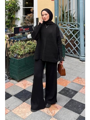 Lamelif Düz Bisiklet Yaka Takım Siyah