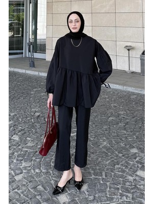 Lamelif Fırfırlı Bluz Pantolon Takım Siyah