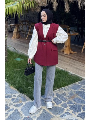 Lamelif Cep Detaylı Yelek Bordo