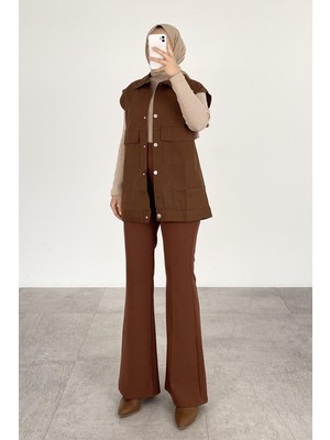 Lamelif Önü Çıtçıt Düğmeli Yelek Açık Kahverengi