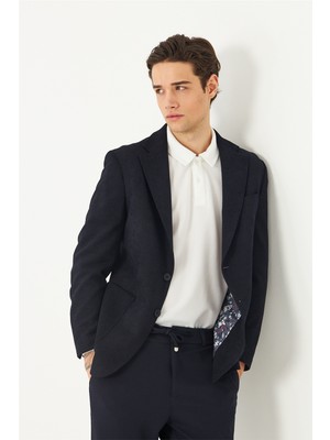 White Stone Lacivert Hafif Dokulu Içi Desenli Blazer Ceket