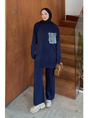 Lamelif Cep Detaylı Triko Takım Lacivert