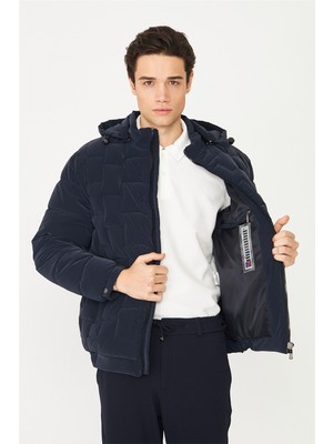 White Stone Lacivert Kapüşonlu Termal Isı Yalıtımlı Şişme Mont
