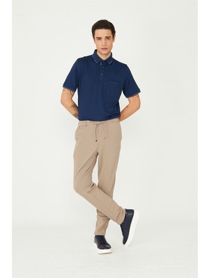 White Stone Bej İnce Çizgili Dokulu Modern Kesim Bağcıklı Smart Casual Pantolon