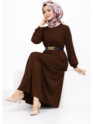 SFG Life Moda Kadın Gold Zincir Kemer Detaylı Bisiklet Yaka Burgu Elbise