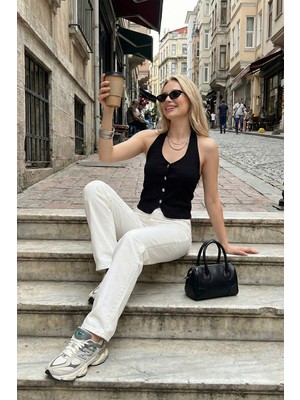 Lela Fitilli Fitted Fit Halter Yaka Sırt Dekolteli Yelek Bayan Yelek 5866515