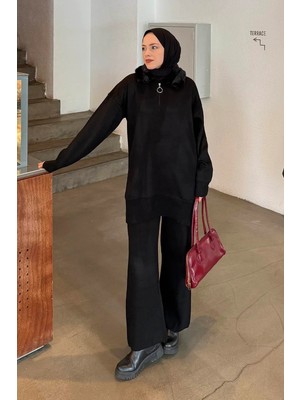 Lamelif Peluş Yaka Triko Takım Siyah