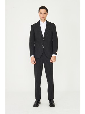 White Stone Antrasit Ince Çizgili Italyan Kesim Slim Takım Elbise