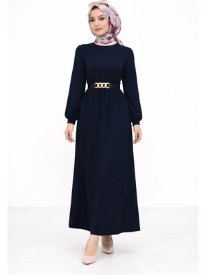 SFG Life Moda Kadın Gold Zincir Kemer Detaylı Bisiklet Yaka Burgu Elbise