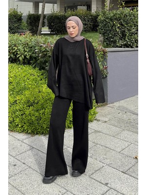 Lamelif Asimetrik Bisiklet Yaka Triko Takım Siyah