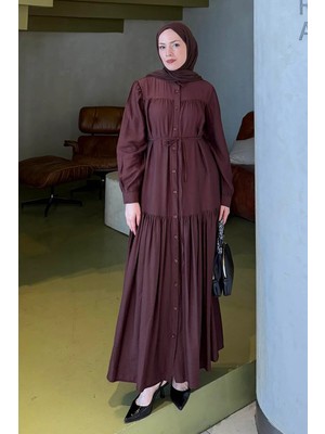 Lamelif Bağlama Detaylı Tesettür Elbise Acı Kahverengi