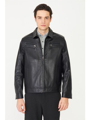 White Stone Siyah Fermuarlı Klasik Kesim Hakiki Deri Ceket