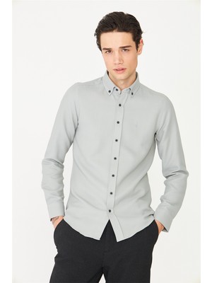 White Stone Gri Düğmeli Yaka Uzun Kollu Gömlek Slim Fit