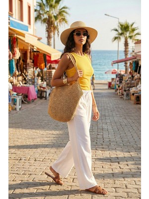 Lela Pamuklu Belden Bağlamalı Yüksek Bel Geniş Paça Cepli Regular Fit Pantolon Bayan Pantolon 668YP4760