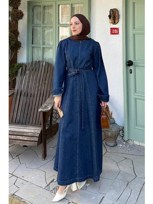 Lamelif Altı Dikişli Tesettür Elbise Koyu Mavi