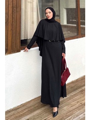 Lamelif Balıksırtı Kemerli Elbise Siyah