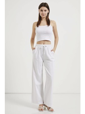 Tena Moda Kadın Beyaz Beli Bağlamalı Geniş Piş Dikişli Paça Pantolon