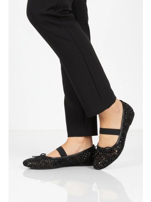 Ayakmod Siyah Geniş Kalıp Hafif Esnek Kadın Taş Işlemeli Babet 681149 Z