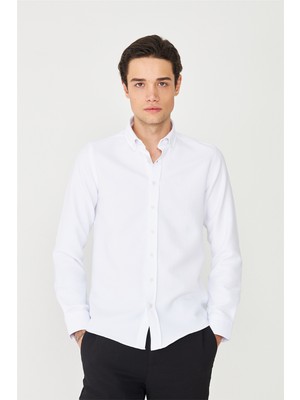 White Stone Beyaz Düğmeli Yaka Uzun Kollu Gömlek Slim Fit