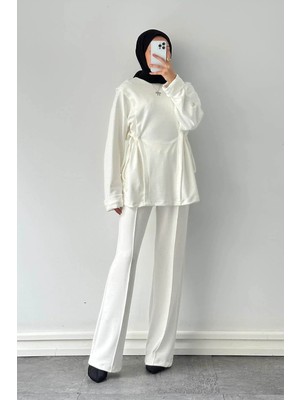 Lamelif Tünel Detaylı Taşlı Takım Beyaz