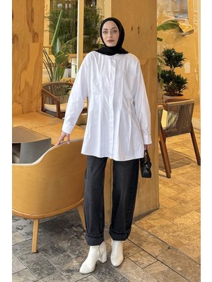 Lamelif Ön Pile Detaylı Gömlek Beyaz