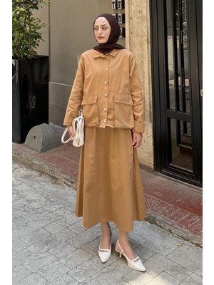Lamelif Cep Detaylı Ikili Etek Tesettür Takım Camel