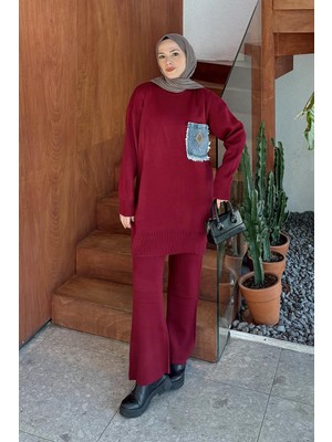 Lamelif Cep Detaylı Triko Takım Bordo