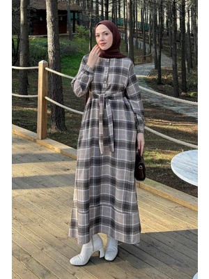 Lamelif Ekose Desen Elbise Vizonrengi