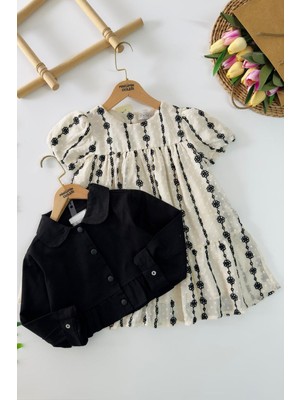 Miniğimin Cicileri Ceketli Çiçek Nakışlı Kız Çocuk Elbise Takım - Siyah