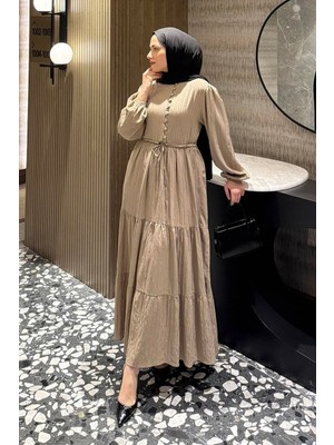 Lamelif Biritli Tesettür Elbise Bej